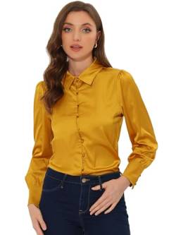 Allegra K Damen Satin Bluse Puffärmel Spitzkragen Vintage Button Up Shirt TopsGold XS von Allegra K