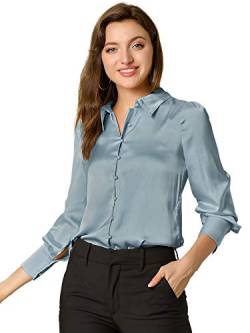 Allegra K Damen Satin Bluse Puffärmel Spitzkragen Vintage Button Up Shirt TopsStaubiges Blau XL von Allegra K
