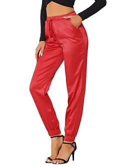 Allegra K Damen Satin Elastische Taille mit Kordelzug Knöchellange Athleisure Jogger Hose mit Tasche Rot L von Allegra K