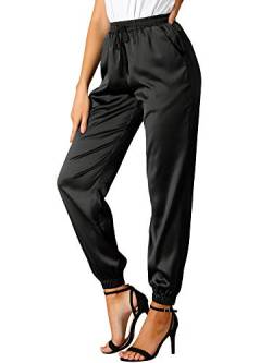 Allegra K Damen Satin Elastische Taille mit Kordelzug Knöchellange Athleisure Jogger Hose mit Tasche Schwarz M von Allegra K