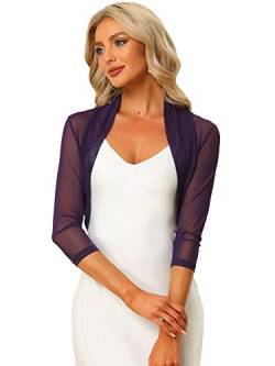 Allegra K Damen Semi Sheer Mesh Elegant 3/4 Ärmel Dehnbar Tops Bolero Shrug, Violett, Klein von Allegra K