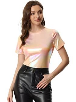 Allegra K Damen Sexy Metallic Party Top Outfit Festival Glitzer Kurzarm Rundhals T-Shirt Oberteil Bluse Beige Rosa S von Allegra K