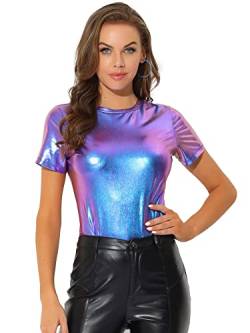 Allegra K Damen Sexy Metallic Party Top Outfit Festival Glitzer Kurzarm Rundhals T-Shirt Oberteil Bluse Blau Lila L von Allegra K