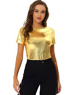 Allegra K Damen Sexy Metallic Party Top Outfit Festival Glitzer Kurzarm Rundhals T-Shirt Oberteil Bluse Gelb Gold S von Allegra K