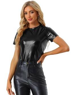 Allegra K Damen Sexy Metallic Party Top Outfit Festival Glitzer Kurzarm Rundhals T-Shirt Oberteil Bluse Glänzend Schwarz XL von Allegra K