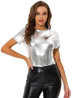 Allegra K Damen Sexy Metallic Party Top Outfit Festival Glitzer Kurzarm Rundhals T-Shirt Oberteil Bluse Silber S von Allegra K