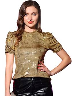 Allegra K Damen Shirt Puffärmeln Lässig Stretch Glitzer Oberteil Top Bluse Gold XL von Allegra K