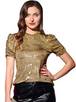 Allegra K Damen Shirt Puffärmeln Lässig Stretch Glitzer Oberteil Top Bluse Gold XS von Allegra K