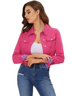 Allegra K Damen Slim Fit Button Down Lange Ärmel Casual Cropped Denim Jeans Jacke, Fuchsia, XL von Allegra K