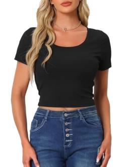 Allegra K Damen Sommer Crop Tops Basic Strick Oberteil T-Shirt mit U-Ausschnitt Kurzarm Schwarz S von Allegra K