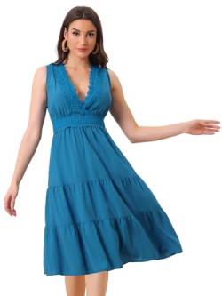 Allegra K Damen Sommerkleid Ärmellos V-Ausschnitt Spitzeneinsatz Lässiges Midi Kleid Eisblau XS von Allegra K