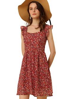 Allegra K Damen Sommerkleid Blumen Rüschenärmeln Quadratischem Ausschnitt Chiffon Minikleid Kleid rot L von Allegra K