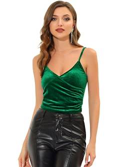 Allegra K Damen Spaghetti Tank Top Samt Velvet Ärmellos Tief V-Ausschnitt Party Bluse Dunkelgrün S von Allegra K