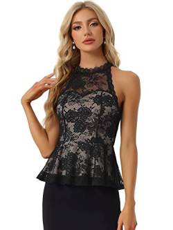 Allegra K Damen Spitzen Schößchen Top Ärmellos Oberteil Herzausschnitt Elegante Bluse Schwarz XS von Allegra K