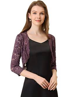 Allegra K Damen Crop Strickjacke Festlich Cardigan Shrug Vorne Offen 3/4 Ärmel Hochzeit Spitzen Bolero Grau Lila XL von Allegra K