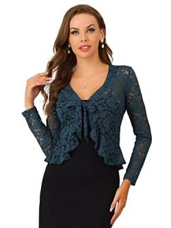 Allegra K Damen Spitzenbolero Langarm Bolero Durchsichtig Rüschensaum Crop Blumen Shrug Dunkelblaues Grau XL von Allegra K