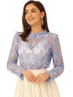 Allegra K Damen Spitzeoberteil Trompetenärmel Rüschenhals Blumen Spitze Bluse Strick Shirt Graublau S von Allegra K