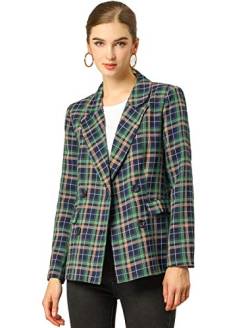 Allegra K Damen St. Patrick's Day Notched Lapel Double Breasted Plaid Arbeit Formal Blazer Jacke, blau / grün, 36 von Allegra K