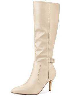 Allegra K Damen Stiefel mit spitzem Zehenbereich, Schnalle, Dekor, seitlicher Reißverschluss, Stiletto-Absatz, kniehohe Stiefel, beige, 39 EU von Allegra K