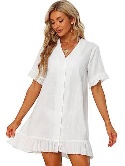 Allegra K Damen Strand Kleid Badeanzug Bikini V-Ausschnitt Knopfleiste Rüschen Vertuschung Minikleid Weiß S von Allegra K