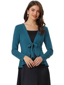 Allegra K Damen Strickjacke mit Schnürung vorne, metallisch, gerüscht, langärmelig, offen, blau / grün, M von Allegra K