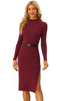 Allegra K Damen Strickkleid Rollkragen Gerippt Langarm Figurbetonte Bleistiftkleid Gürtel Kleid rot S von Allegra K