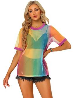 Allegra K Damen T-Shirt Kurzarm Lässig Durchsichtig Mesh Regenbogen Oberteil Rosa S von Allegra K