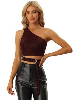 Allegra K Damen Tank Top Eine Schulter Glitzer Krawattenknoten Punkte Einfarbig Crop Top Schwarz Rot M von Allegra K