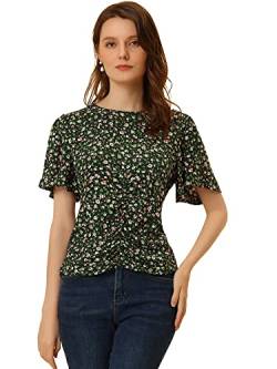 Allegra K Damen Top Ditsy Floral Geraffte Front Keyhole Back Flutter Sleeve Bluse Dunkelgrün L von Allegra K