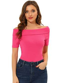 Allegra K Damen Top Kurzarm Schulterfrei Oberteil Einfarbig Elegant T-Shirt Bluse Fuchsia XS von Allegra K