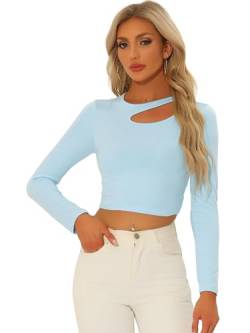 Allegra K Damen Top Langarm Lässig Oberteil Schmal Geschnittenes Cut Outs T-Shirt Himmelblau XS von Allegra K