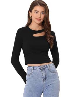 Allegra K Damen Top Langarm Lässig Oberteil Schmal Geschnittenes Cut Outs T-Shirt Schwarz XL von Allegra K