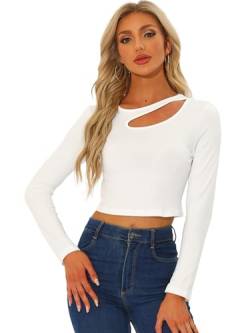 Allegra K Damen Top Langarm Lässig Oberteil Schmal Geschnittenes Cut Outs T-Shirt Weiß XS von Allegra K