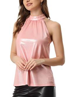 Allegra K Damen Tops Ärmellos Neckholder Party Club Glitzer Metallic Tank Top Bluse Rosa S von Allegra K