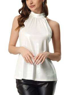 Allegra K Damen Tops Ärmellos Neckholder Party Club Glitzer Metallic Tank Top Bluse Weiß L von Allegra K