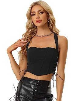 Allegra K Damen Trachtenmieder Dirndl Ärmelloses Oberteil Bustier Korsett Schnürung Clubwear Party Crop Top Schwarz L von Allegra K