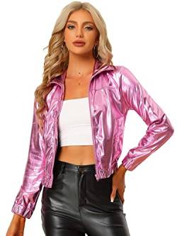 Allegra K Damen Trainingsjacke Holografisch Glänzend Langarm Metallic Jacke Reißverschluss vorne, rose, 36 von Allegra K