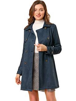 Allegra K Damen Trenchcoat Langarm Zweireiher Faux Wildleder Mantel Wintermantel Dunkelblau S von Allegra K