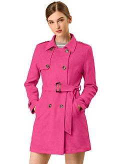 Allegra K Damen-Trenchcoat mit gekerbtem Revers, zweireihig, Kunstwildleder, Jacke mit Gürtel Gr. 42, hot pink von Allegra K