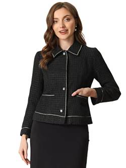 Allegra K Damen Tweed Blazer Langarm Plaid Knopfleiste Büro Kariert Kurze Jakce Schwarz S von Allegra K