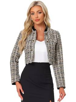 Allegra K Damen Tweed Blazer Mit Stehkragen Zweireihig Elegant Kariert Bauchfreie Jacke Khaki XL von Allegra K