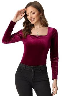 Allegra K Damen Velvet Oberteil Langarm Eckigem Ausschnitt Samt T-Shirt Bluse Burgund M von Allegra K