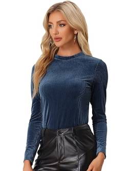 Allegra K Damen Velvet Oberteil Langarm Stehkragen Einfarbig Dehnbarer Samt Bluse mit Streifen Marine Blau S von Allegra K