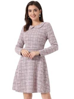 Allegra K Damen Vintage Tweed Kleid Kariert Gitter Bubikragen Langarm A-Linie Minikleid Rosa S von Allegra K