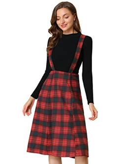 Allegra K Damen Weihnachten Plaid Overall Kleid A-Linie Tartan Strapse Midi Rock, Red Plaid, X-Groß von Allegra K