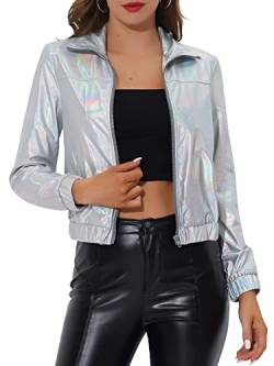 Allegra K Damen Weihnachten Trainingsjacke Holografisch Glänzend Langarm Metallic Reißverschluss Front Jacke, hell silberfarben, M von Allegra K