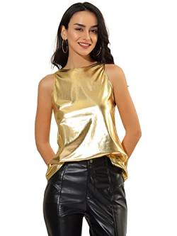 Allegra K Damen Weihnachtskostüm Metallic Glänzend Ärmellos Party Club Schimmer Weste Tank Top, Goldfarben/glänzend, 46 von Allegra K