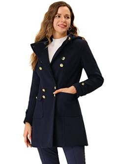 Allegra K Damen Wintermantel Zweireiher Hoodie Oberbekleidung Mantel mit Stehkragen Navy Blau L von Allegra K