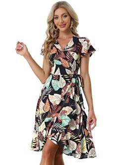 Allegra K Damen Wrap Fit and Flare Tropischem Blumenmuster Midi Sommerkleid Schwarz L von Allegra K