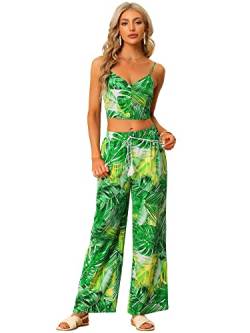 Allegra K Damen Zweiteilig Outfit Cami Crop Top Tropischem Druck Elastischer Bund Weites Bein Hosen Set Grün M von Allegra K